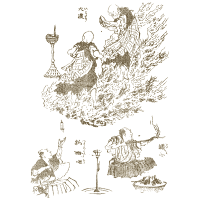Figures around a smoking spirit - Hokusai Manga, Volume 4 - 1868