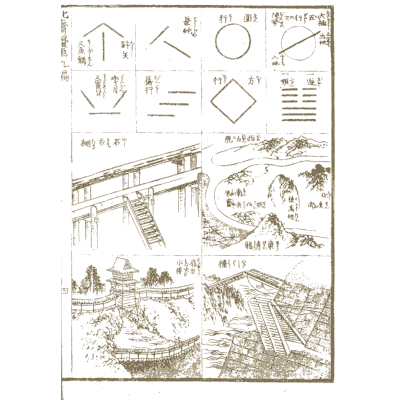 Symbols above a bridge scene - Hokusai Manga, Volume 9 - 1868