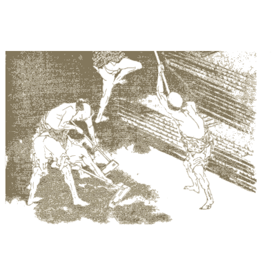Two men struggling in the rain - Hokusai Manga, Volume 9 - 1868