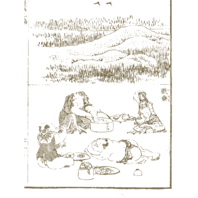 Villagers resting below grassy hills - Hokusai Manga, Volume 9 - 1868