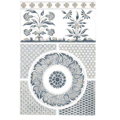 Blue flower pots and wave roundel - Examples of Chinese Ornament - 1867