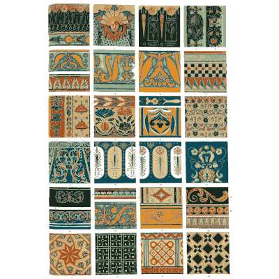 Painted ornament panels in teal and ochre - The Grammar of Ornament - 1856