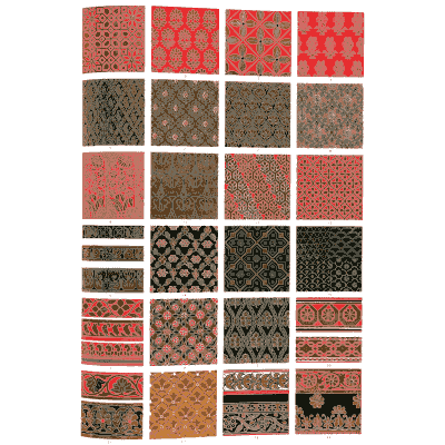 Woven fabric patterns in red, black and gold - The Grammar of Ornament - 1856