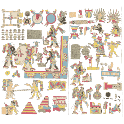 Dense page of figures and objects - Antiquities of Mexico, Volume 2 - 1831