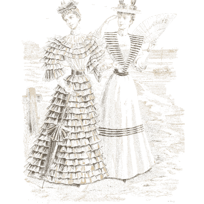 Two women in flounced ball gowns - Fashion Plates - 1880