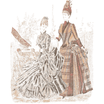 Women in ruffled bustle gowns - Fashion Plates - 1880
