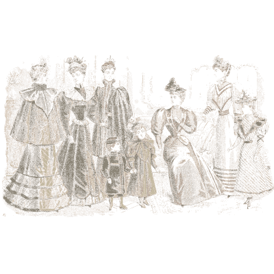 Group in bustled gowns outdoors - Fashion Plates - 1880