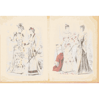Women in gowns beside a child - Fashion Plates - 1880