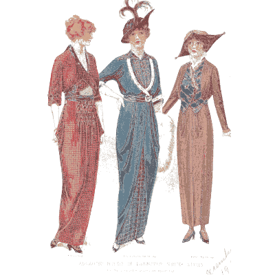 Three women in red and blue gowns - Fashion Plates - 1880