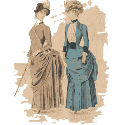 Two women in brown and teal gowns - Fashion Plates - 1880