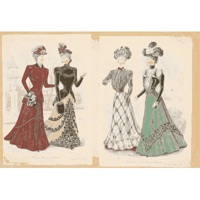 Women in red and green gowns - Fashion Plates - 1880