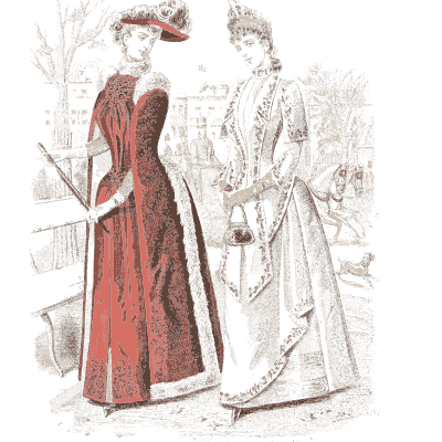 Two women in red and white gowns - Fashion Plates - 1880