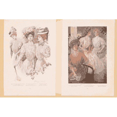 Three women in puffed-sleeve gowns - Fashion Plates - 1880