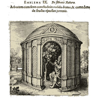 Round temple with a tree inside - Atalanta Fugiens: Emblemata Nova de Secretis Naturae - 1618