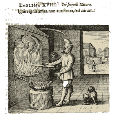 Alchemist tending a furnace 02 - Atalanta Fugiens: Emblemata Nova de Secretis Naturae - 1618