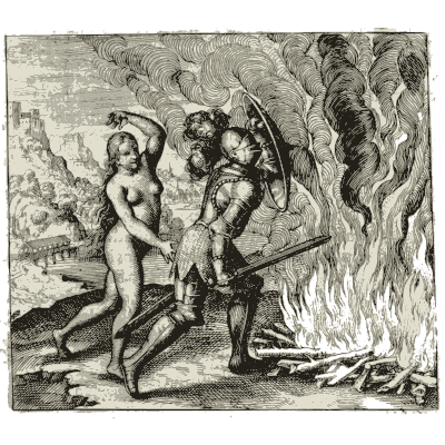 Two figures with swords beside a fire 02 - Atalanta Fugiens: Emblemata Nova de Secretis Naturae - 1618