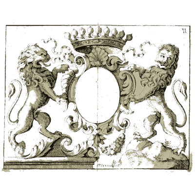 Crowned cartouche with seated lions - Nouveau Livre de Dessins de Blasons et Ornements - 1695