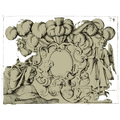 Plumed cartouche with seated figures - Nouveau Livre de Dessins de Blasons et Ornements - 1695