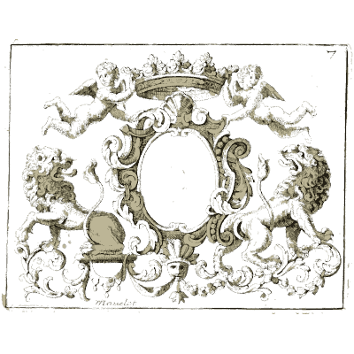 Crowned cartouche with putto and lion - Nouveau Livre de Dessins de Blasons et Ornements - 1695