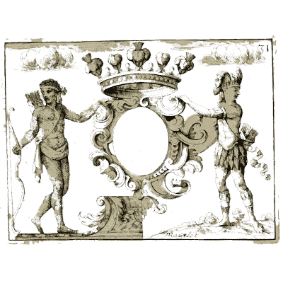 Cartouche held by wild man and soldier - Nouveau Livre de Dessins de Blasons et Ornements - 1695