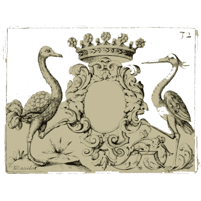 Crowned cartouche with ostrich and stork - Nouveau Livre de Dessins de Blasons et Ornements - 1695