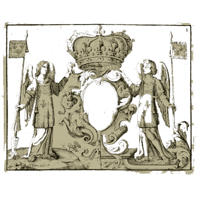 Royal cartouche held by armoured men - Nouveau Livre de Dessins de Blasons et Ornements - 1695