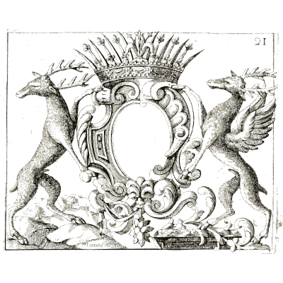 Crowned cartouche with rearing beasts - Nouveau Livre de Dessins de Blasons et Ornements - 1695