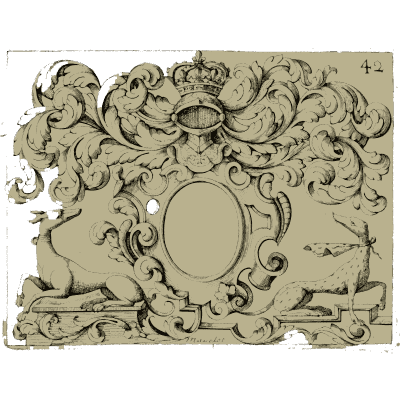 Crowned cartouche with two hounds 01 - Nouveau Livre de Dessins de Blasons et Ornements - 1695