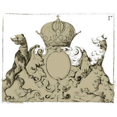 Crowned cartouche with two hounds 02 - Nouveau Livre de Dessins de Blasons et Ornements - 1695