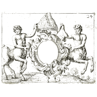 Cartouche raised by two centaurs - Nouveau Livre de Dessins de Blasons et Ornements - 1695