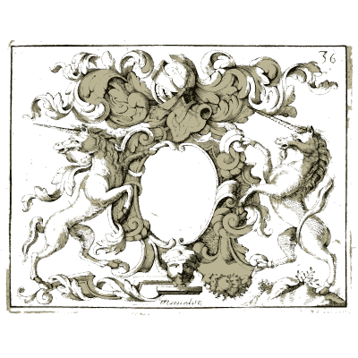 Cartouche with two rearing unicorns - Nouveau Livre de Dessins de Blasons et Ornements - 1695