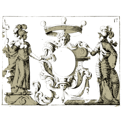 Crowned cartouche with armoured figures - Nouveau Livre de Dessins de Blasons et Ornements - 1695