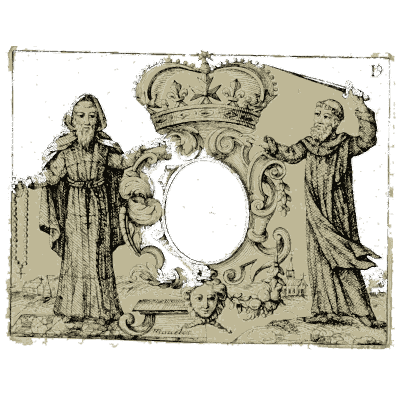 Royal cartouche with monk and preacher - Nouveau Livre de Dessins de Blasons et Ornements - 1695