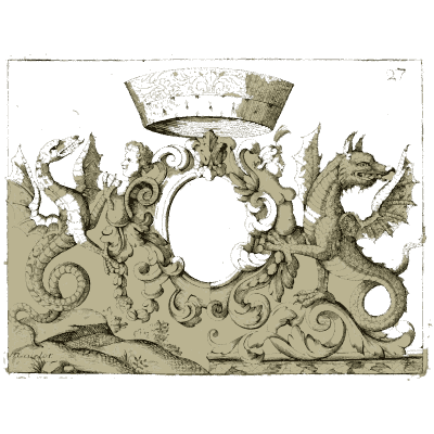 Cartouche with two winged dragons - Nouveau Livre de Dessins de Blasons et Ornements - 1695