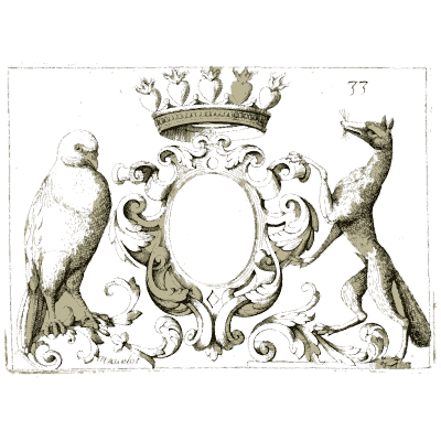 Crowned cartouche with bird and fox - Nouveau Livre de Dessins de Blasons et Ornements - 1695