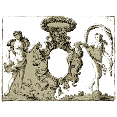 Cartouche with wreath-bearing figures - Nouveau Livre de Dessins de Blasons et Ornements - 1695