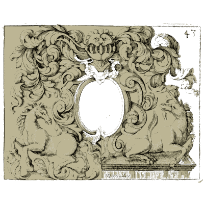 Cartouche with two couchant unicorns - Nouveau Livre de Dessins de Blasons et Ornements - 1695