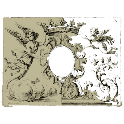 Crowned cartouche with flying angels - Nouveau Livre de Dessins de Blasons et Ornements - 1695