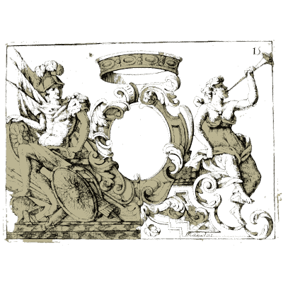 Crowned cartouche with trumpeting figure - Nouveau Livre de Dessins de Blasons et Ornements - 1695
