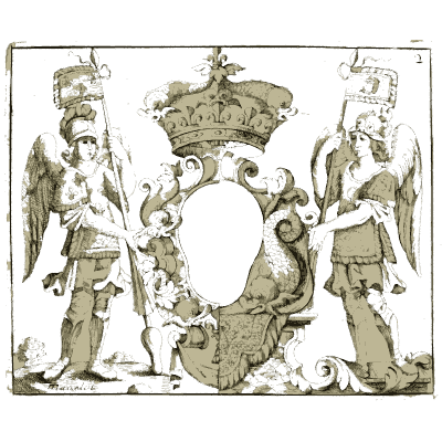 Crowned cartouche with spear-bearing warriors - Nouveau Livre de Dessins de Blasons et Ornements - 1695