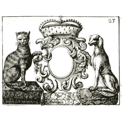 Crowned cartouche with cat and dog - Nouveau Livre de Dessins de Blasons et Ornements - 1695