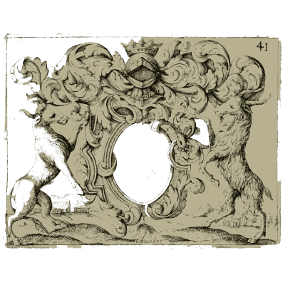 Cartouche with helm, lion and hound - Nouveau Livre de Dessins de Blasons et Ornements - 1695
