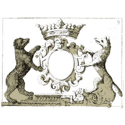 Cartouche with bear and wolf - Nouveau Livre de Dessins de Blasons et Ornements - 1695