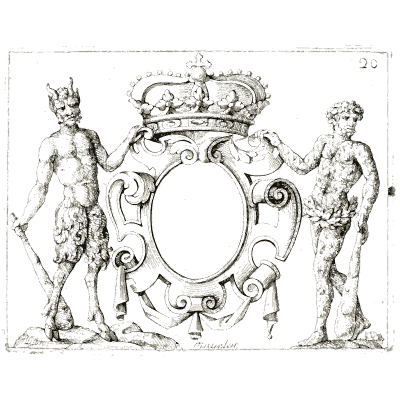 Crowned cartouche with king and satyr - Nouveau Livre de Dessins de Blasons et Ornements - 1695