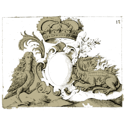 Royal cartouche with bird and crocodile - Nouveau Livre de Dessins de Blasons et Ornements - 1695