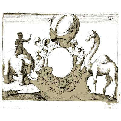 Cartouche with elephant rider and camel - Nouveau Livre de Dessins de Blasons et Ornements - 1695