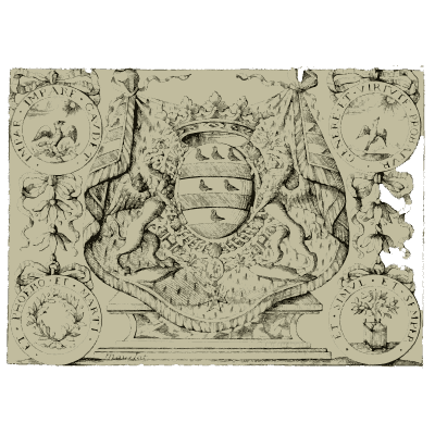 Quartered shield with emblem medallions - Nouveau Livre de Dessins de Blasons et Ornements - 1695