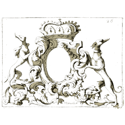 Crowned cartouche with squirrel and hound - Nouveau Livre de Dessins de Blasons et Ornements - 1695
