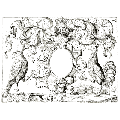 Cartouche with peacock and cockerel - Nouveau Livre de Dessins de Blasons et Ornements - 1695