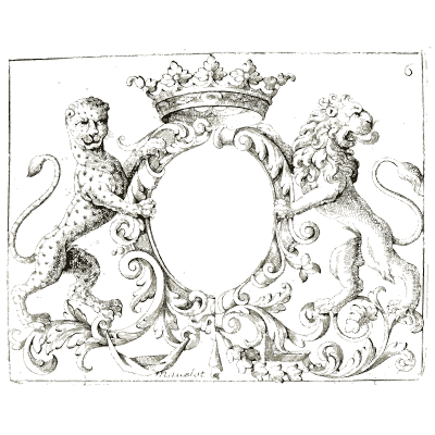 Crowned cartouche with spotted lions - Nouveau Livre de Dessins de Blasons et Ornements - 1695